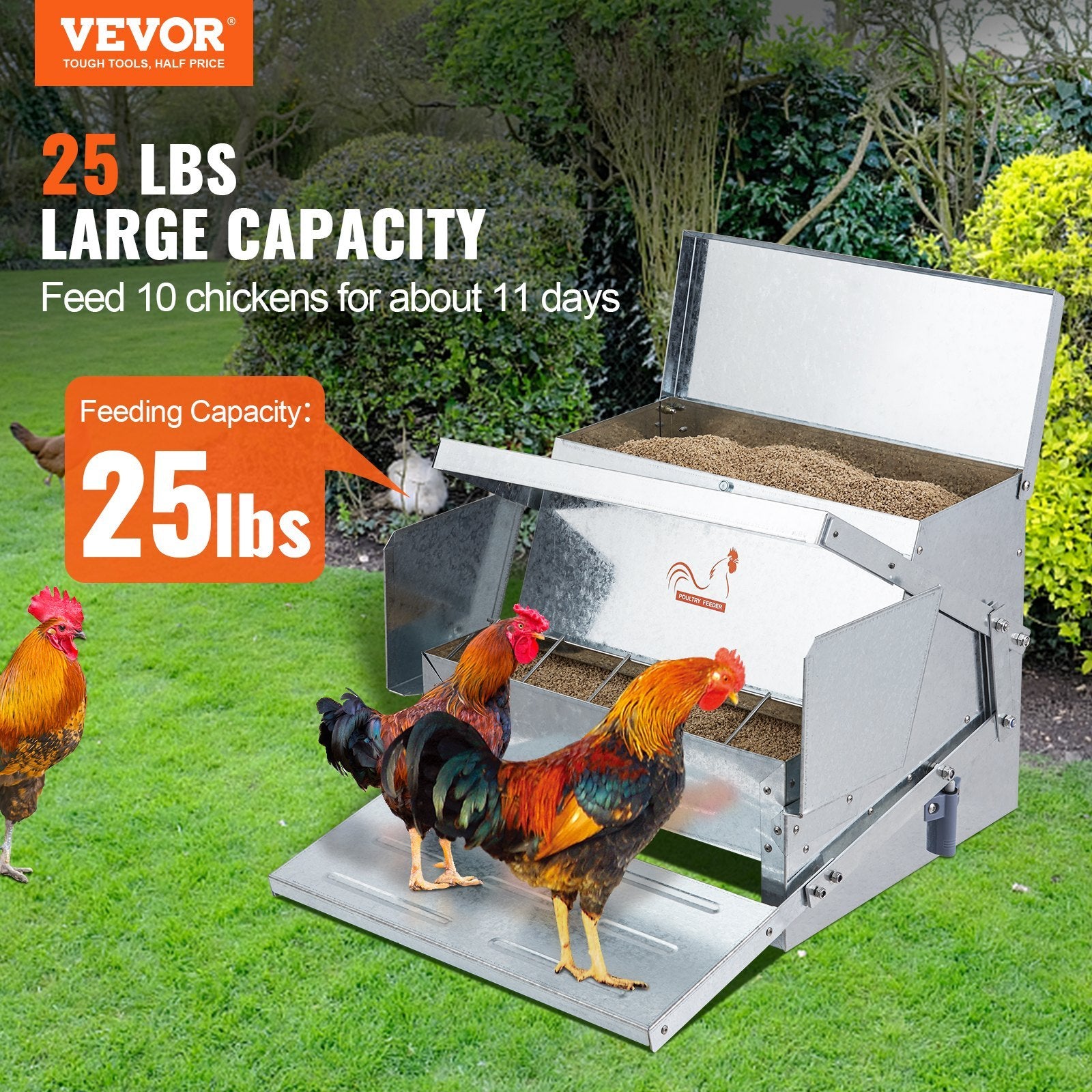 Weatherproof Galvanized Chicken Feeder, 25 Lbs Capacity With Lid & Lock