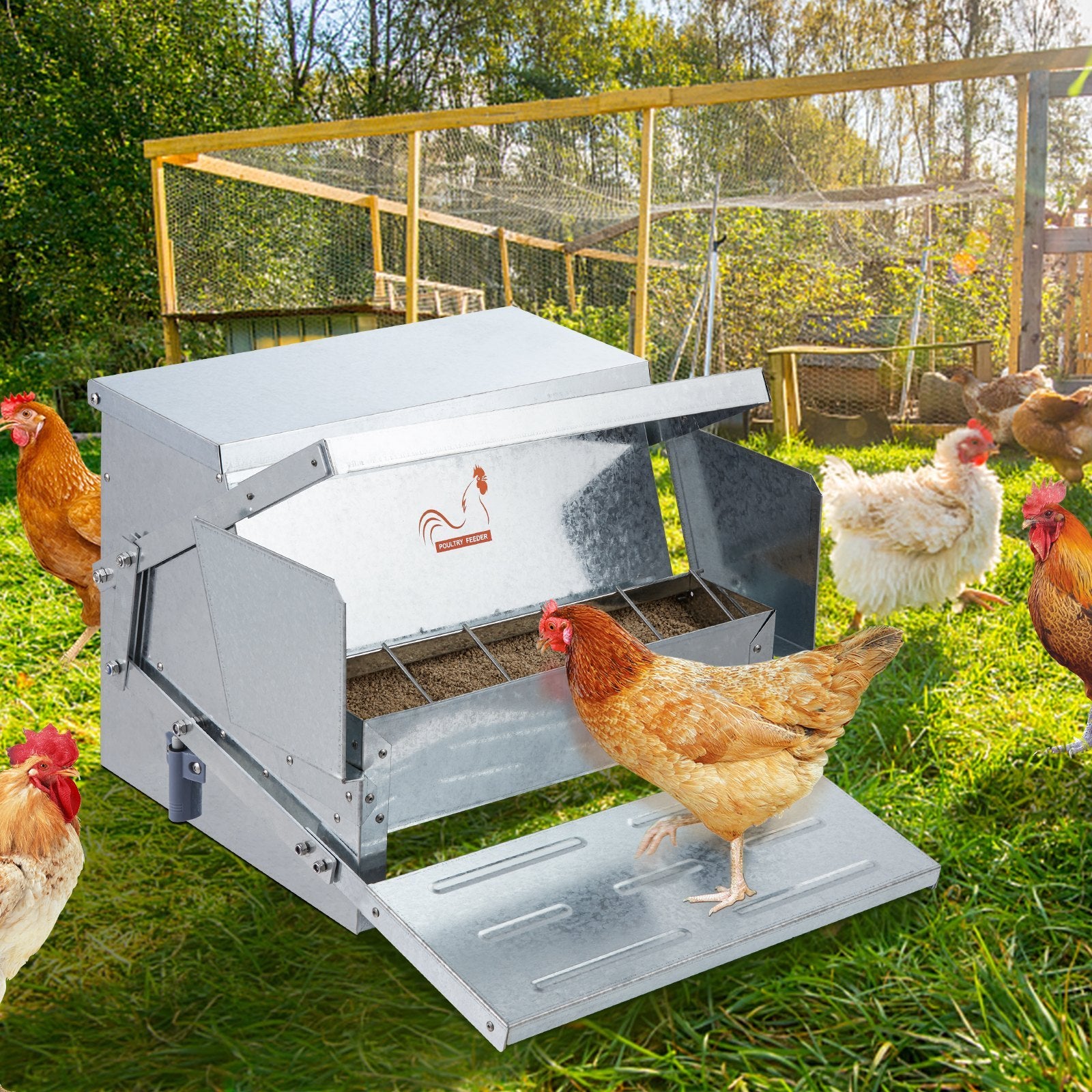 Weatherproof Galvanized Chicken Feeder, 25 Lbs Capacity With Lid & Lock